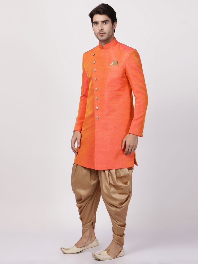 Men's Orange Silk Blend Straight Sherwani Set