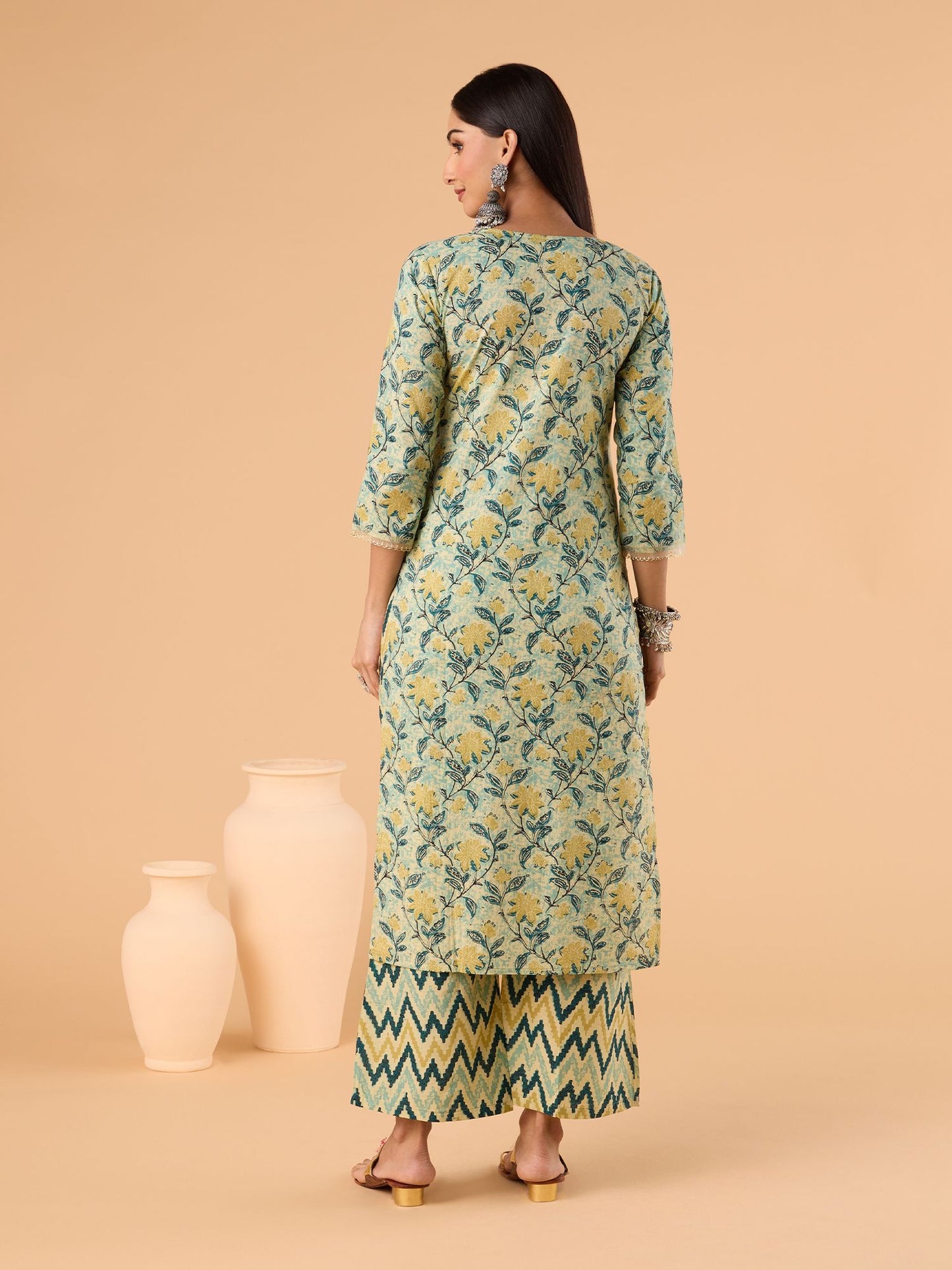 Dhiyona RV Women's Jaipuri Floral print straight side slit Kurta Plazzo Set with Dupatta