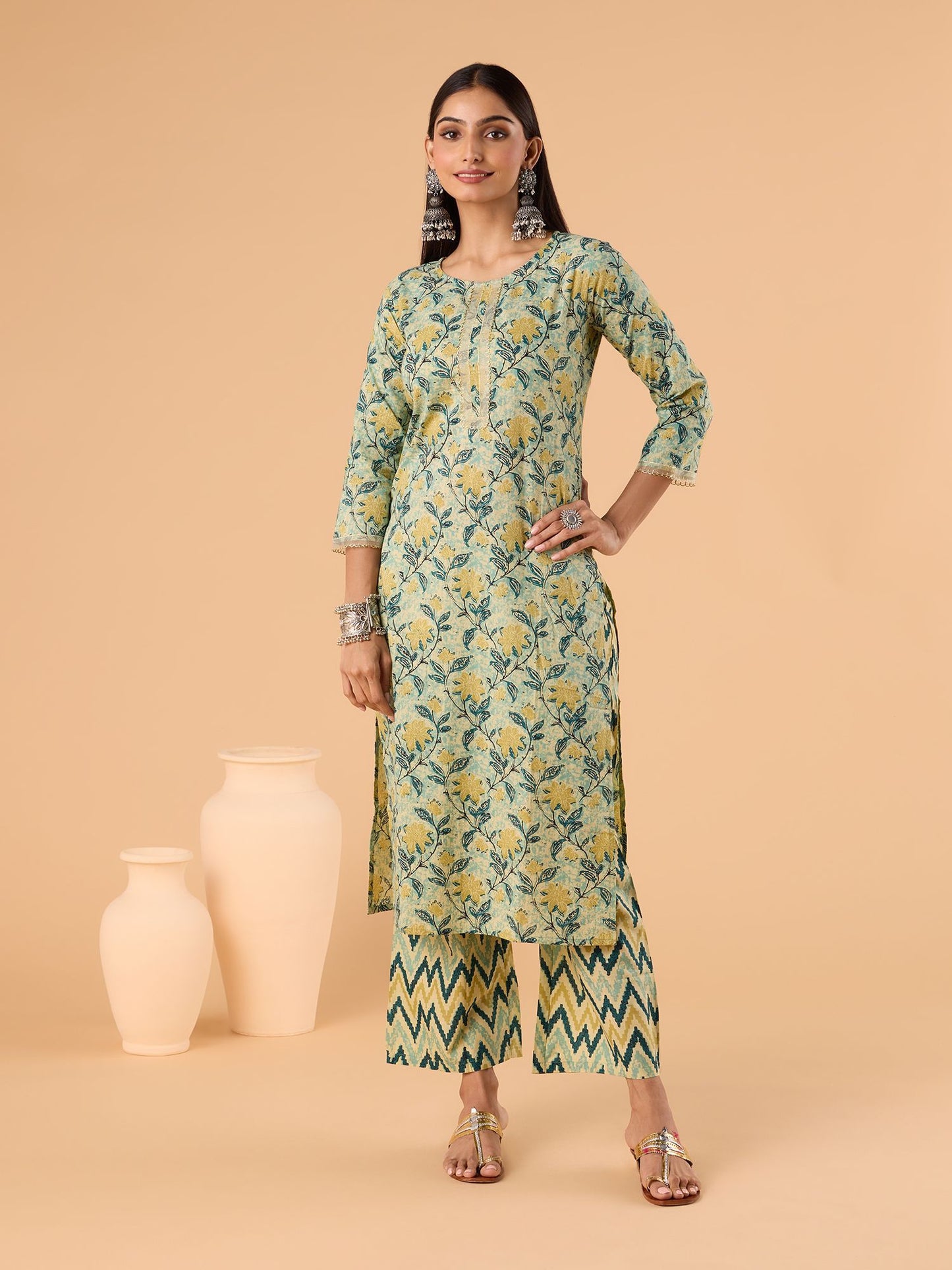 Dhiyona RV Women's Jaipuri Floral print straight side slit Kurta Plazzo Set with Dupatta