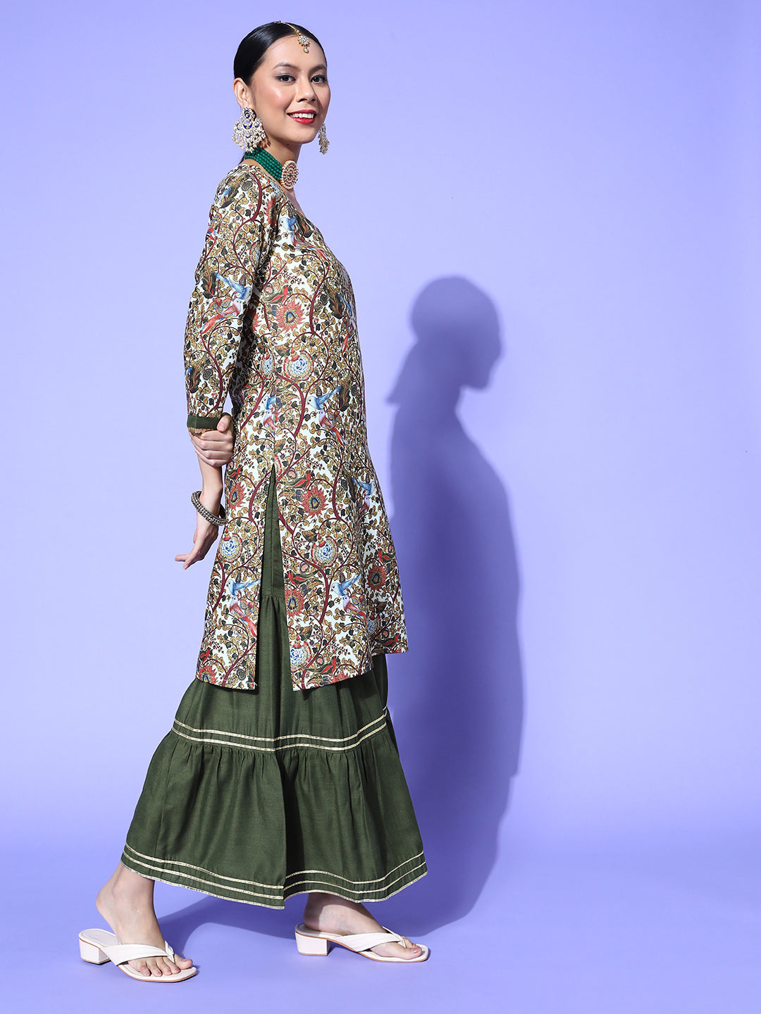 Dhiyona RV Women's Kalamkari Print Straight Side Slit Kurta Sharara With Dupatta
