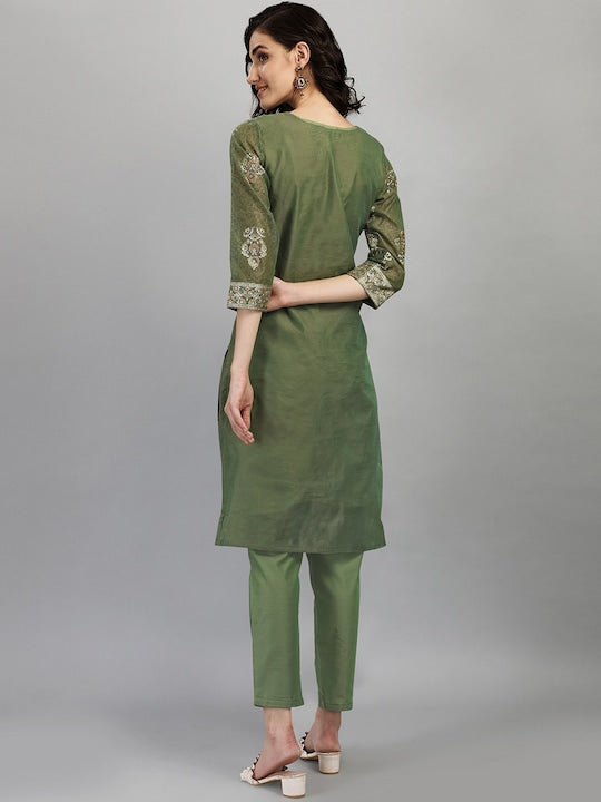 Dhiyona RV Women's Chanderi Printed Top With Staright Chanderi Silk Pant