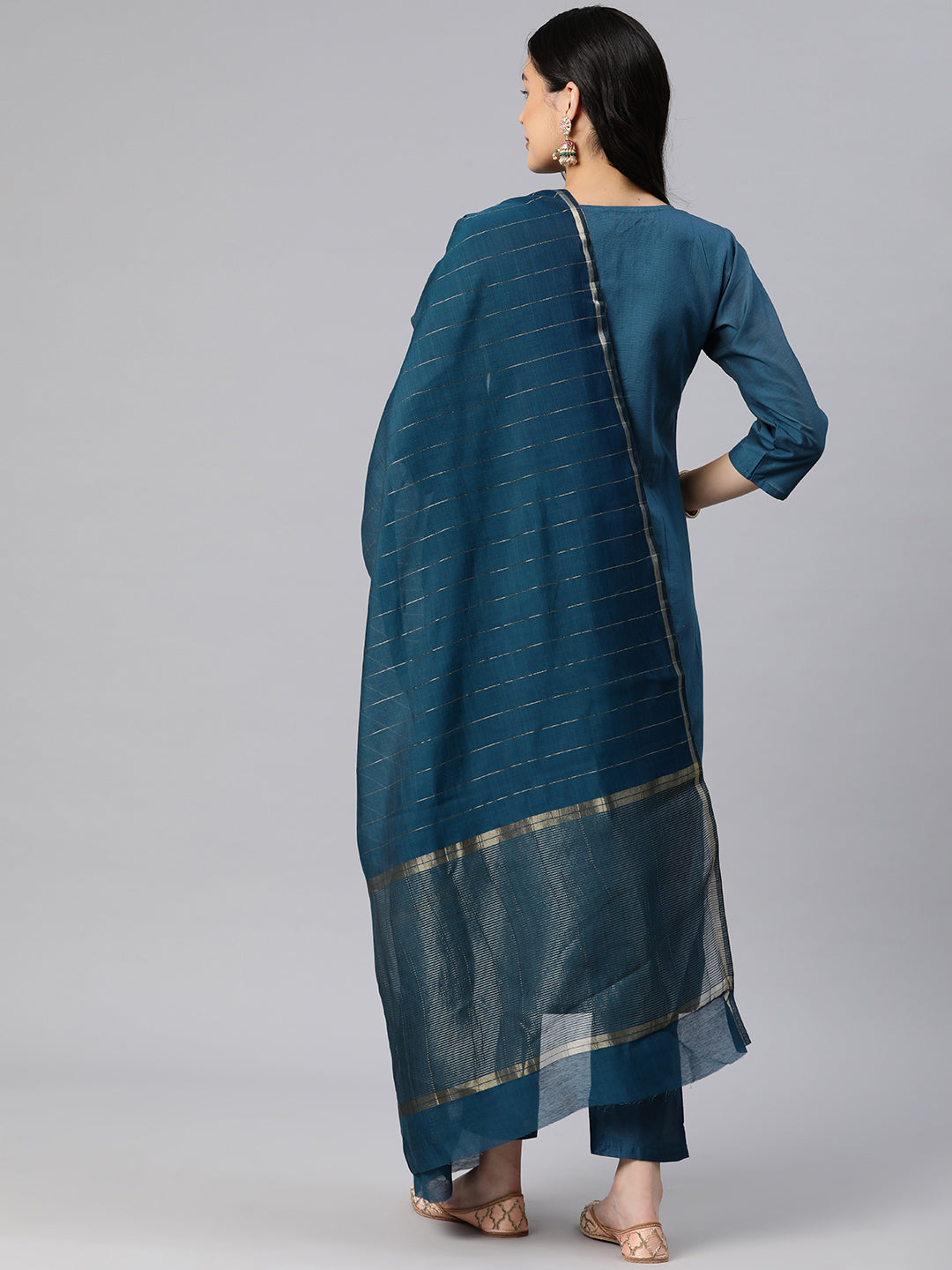 Dhiyona RV Women's Blue Sequin Embroidery Kurta Set With Jacquard Dupatta