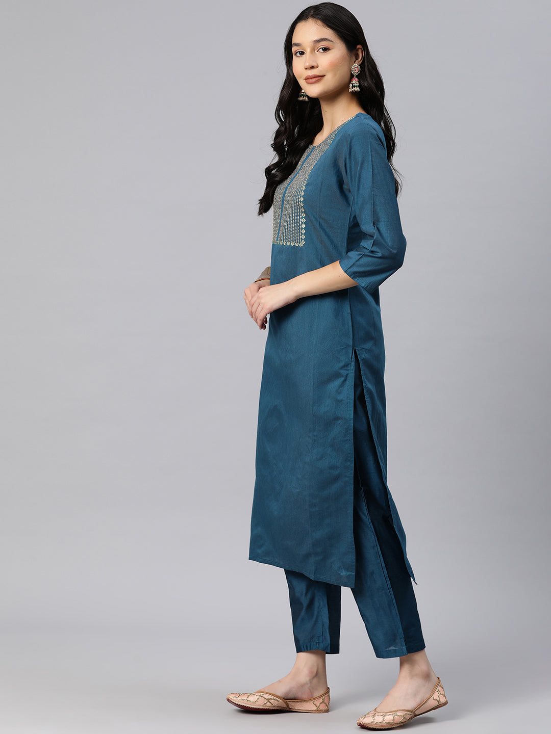 Dhiyona RV Women's Blue Sequin Embroidery Kurta Set With Jacquard Dupatta
