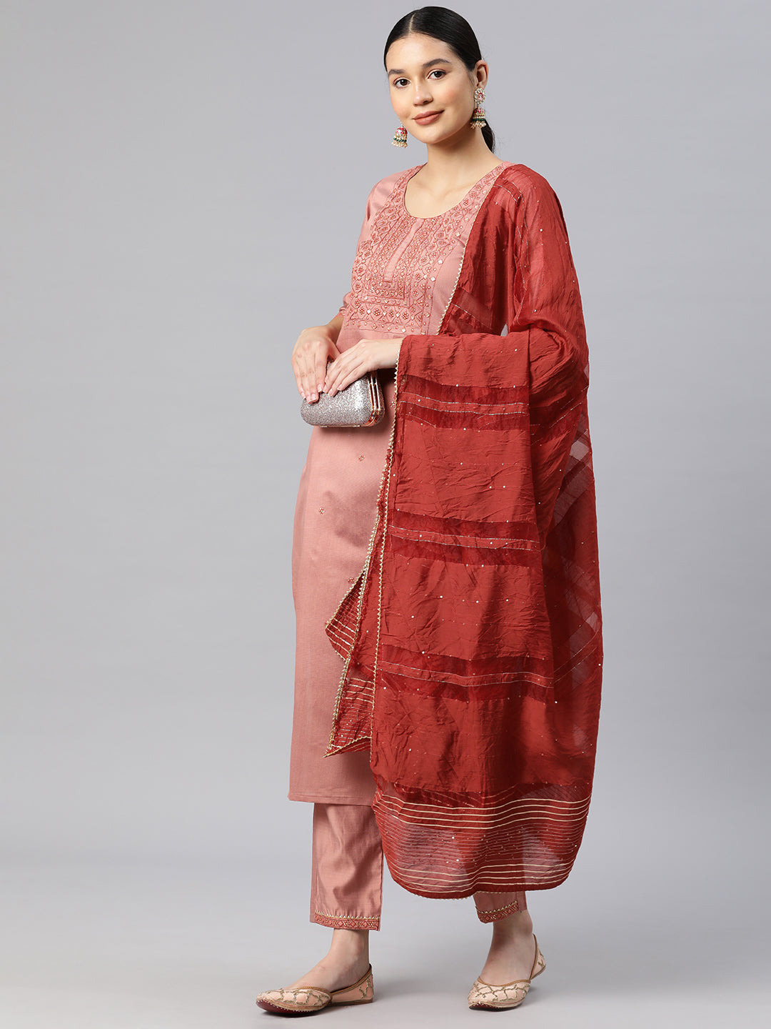 Dhiyona RV Women's Art Silk Fabric Embroidered Kurta Set With Dupatta