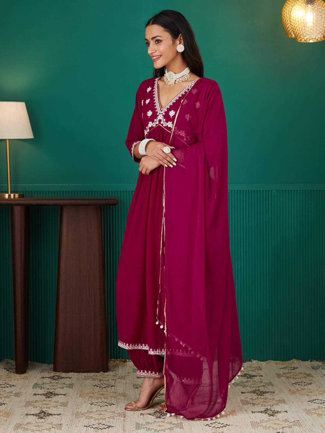 Dhiyona RV Women's Faux Georgette Fabric Embroidered Kurta Set With Dupatta