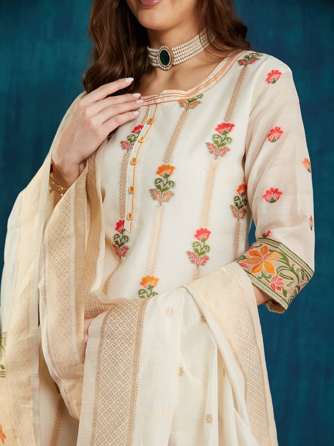 Dhiyona RV Women's Cotton Chanderi Fabric Jacquard Print Kurta Set With Dupatta