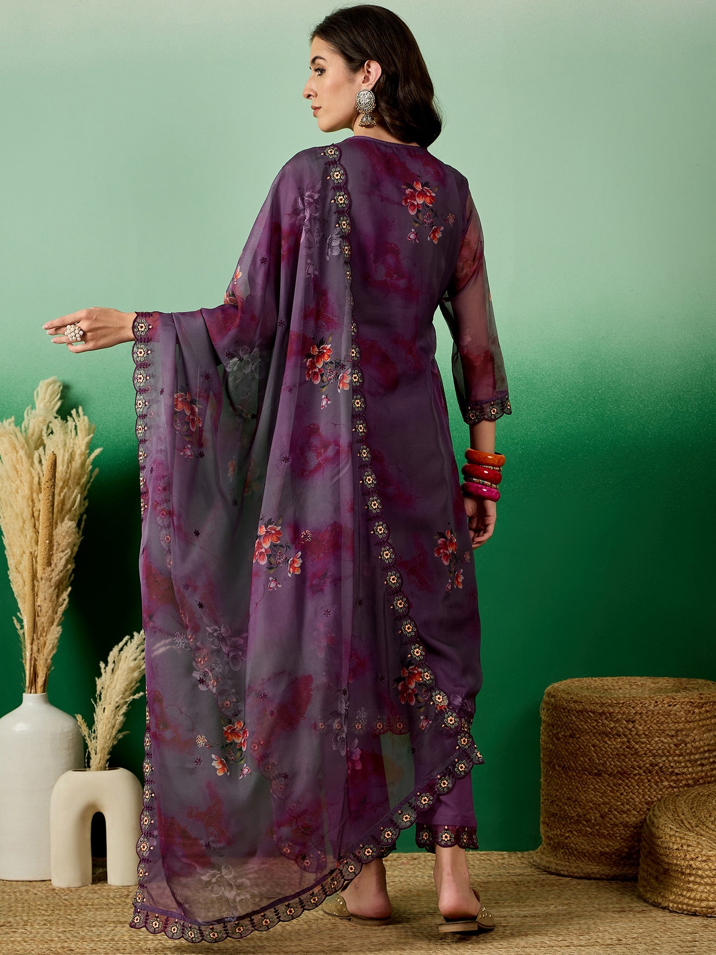 Dhiyona RV Women's Organza fabric Digital Print V Neck Kurta Set With Dupatta