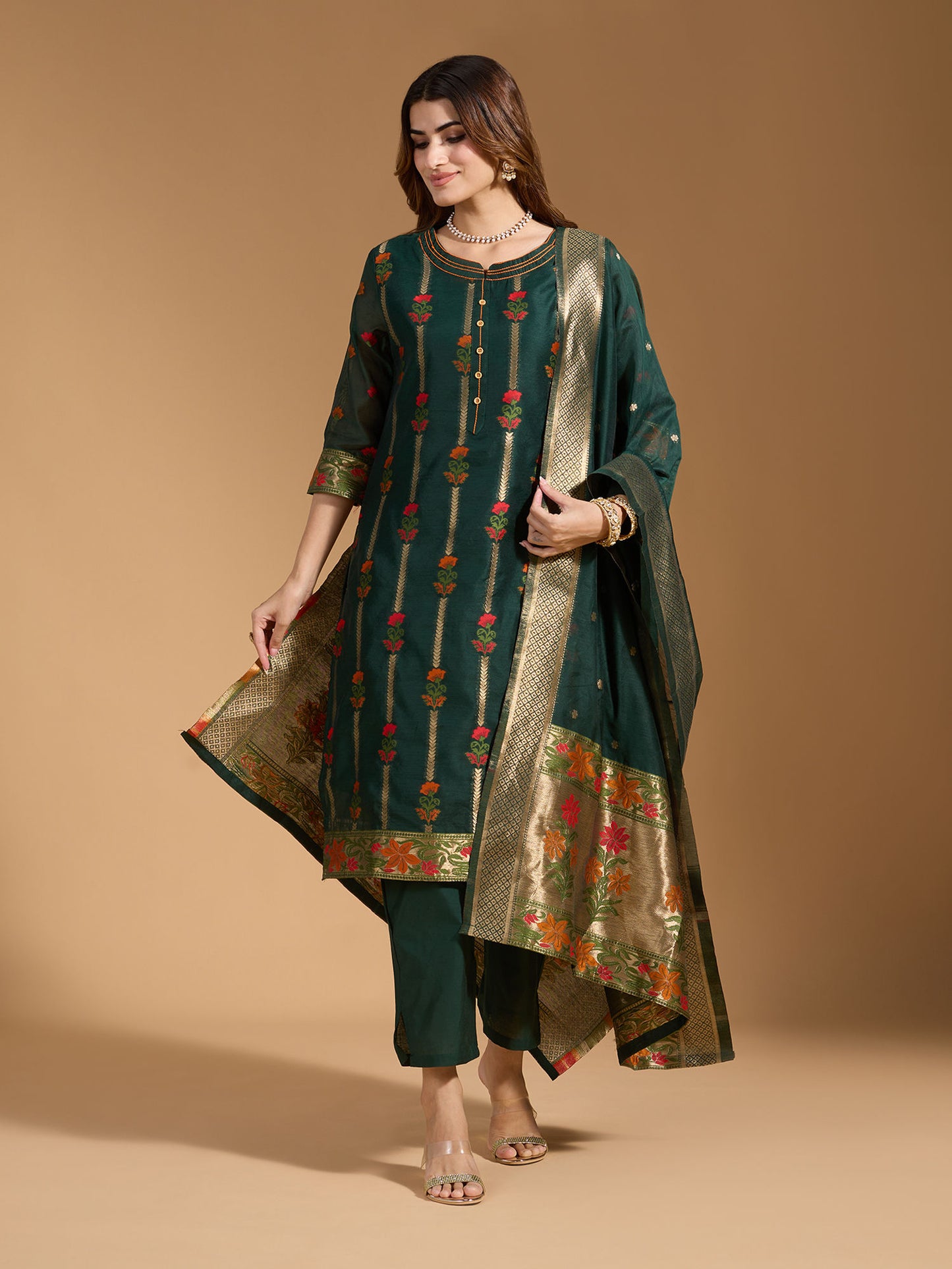 Dhiyona RV Women's Cotton Chanderi Fabric Jacquard Print Kurta Set With Dupatta