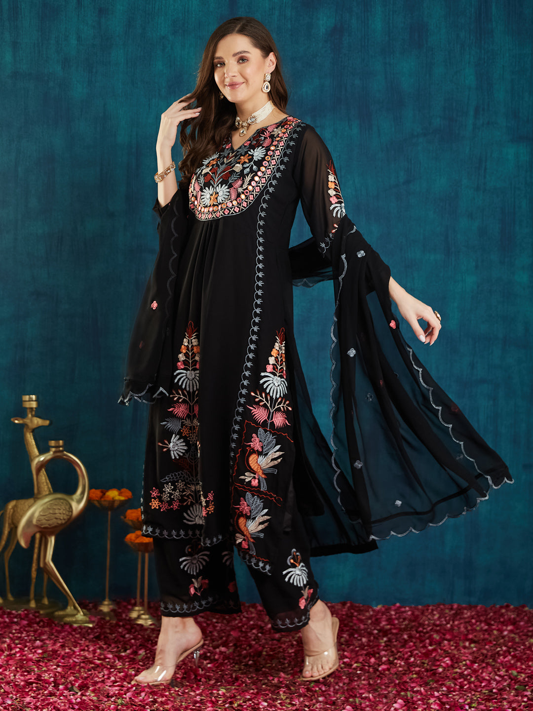 Dhiyona RV Women's Faux Georgette Fabric Thread Embroidery Kurta set With Dupatta