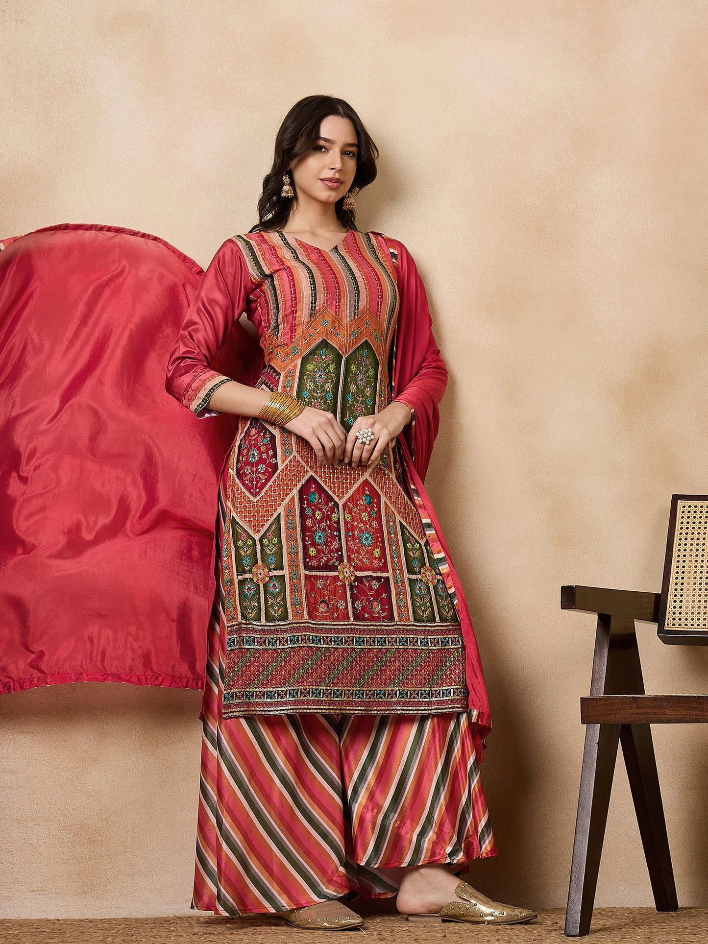 Dhiyona RV Women's Exclusive Chinon Fabric Sequence Work Straight Kurta,Palazzo With Dupatta