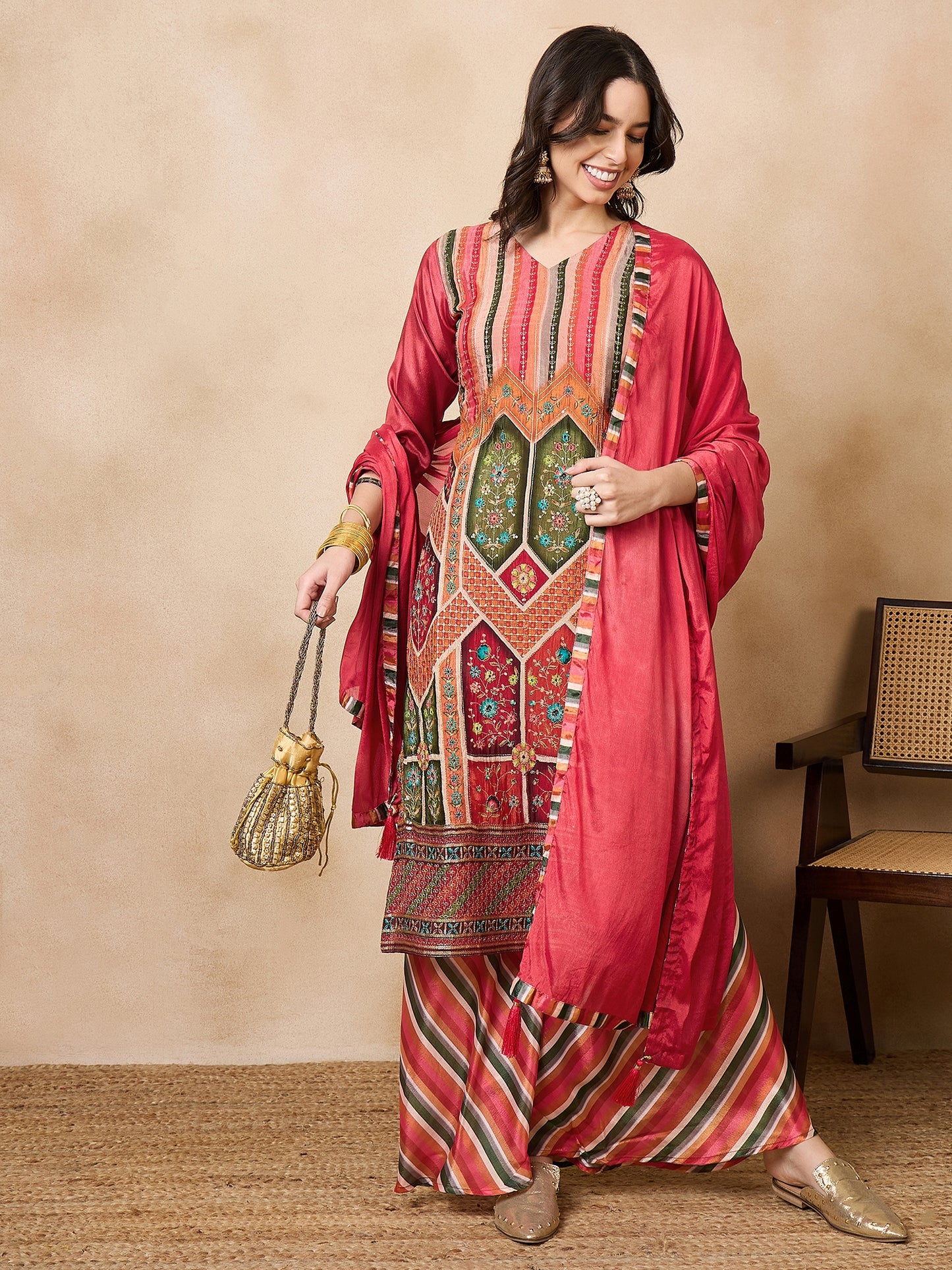Dhiyona RV Women's Exclusive Chinon Fabric Sequence Work Straight Kurta,Palazzo With Dupatta