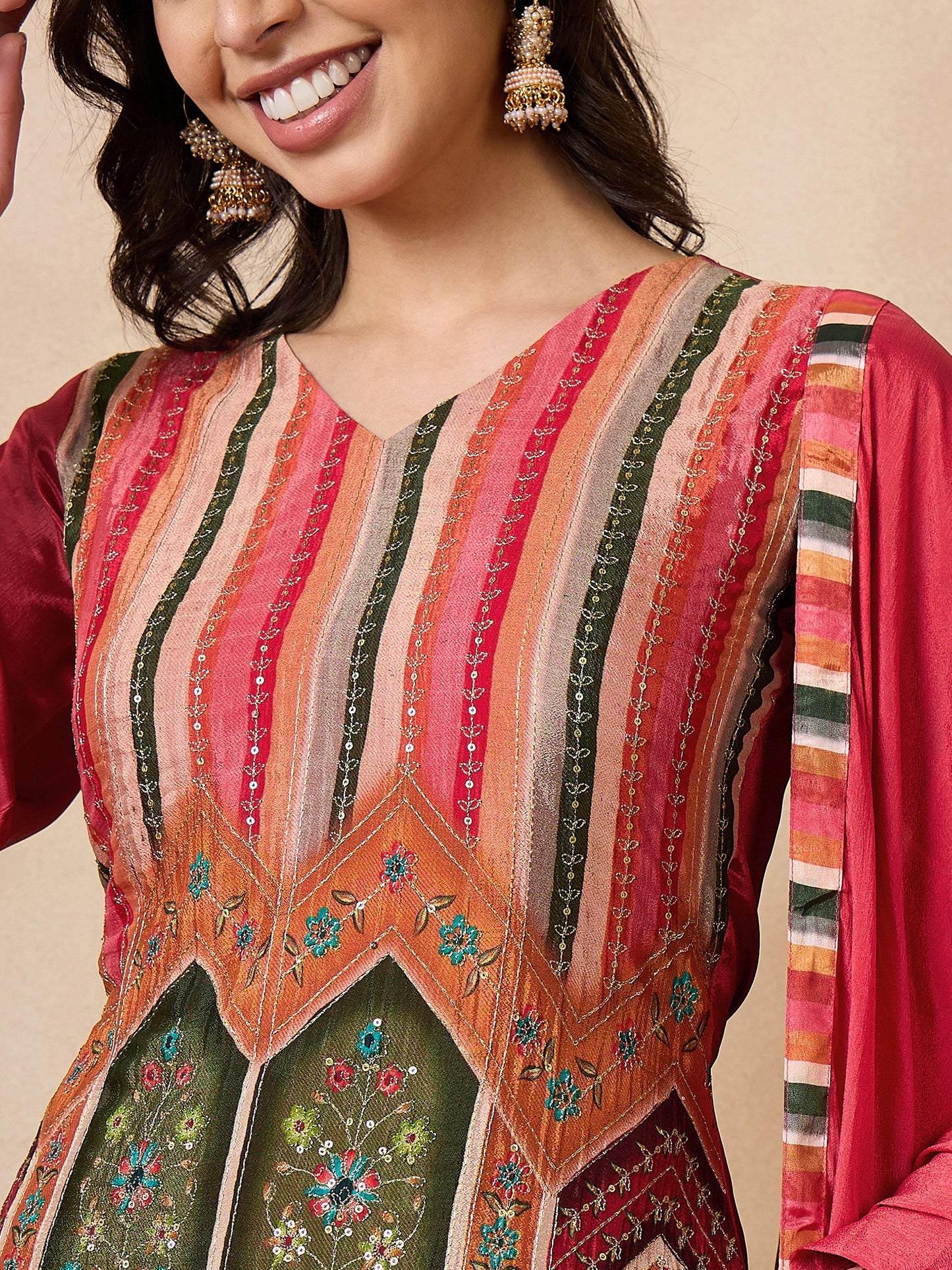 Dhiyona RV Women's Exclusive Chinon Fabric Sequence Work Straight Kurta,Palazzo With Dupatta