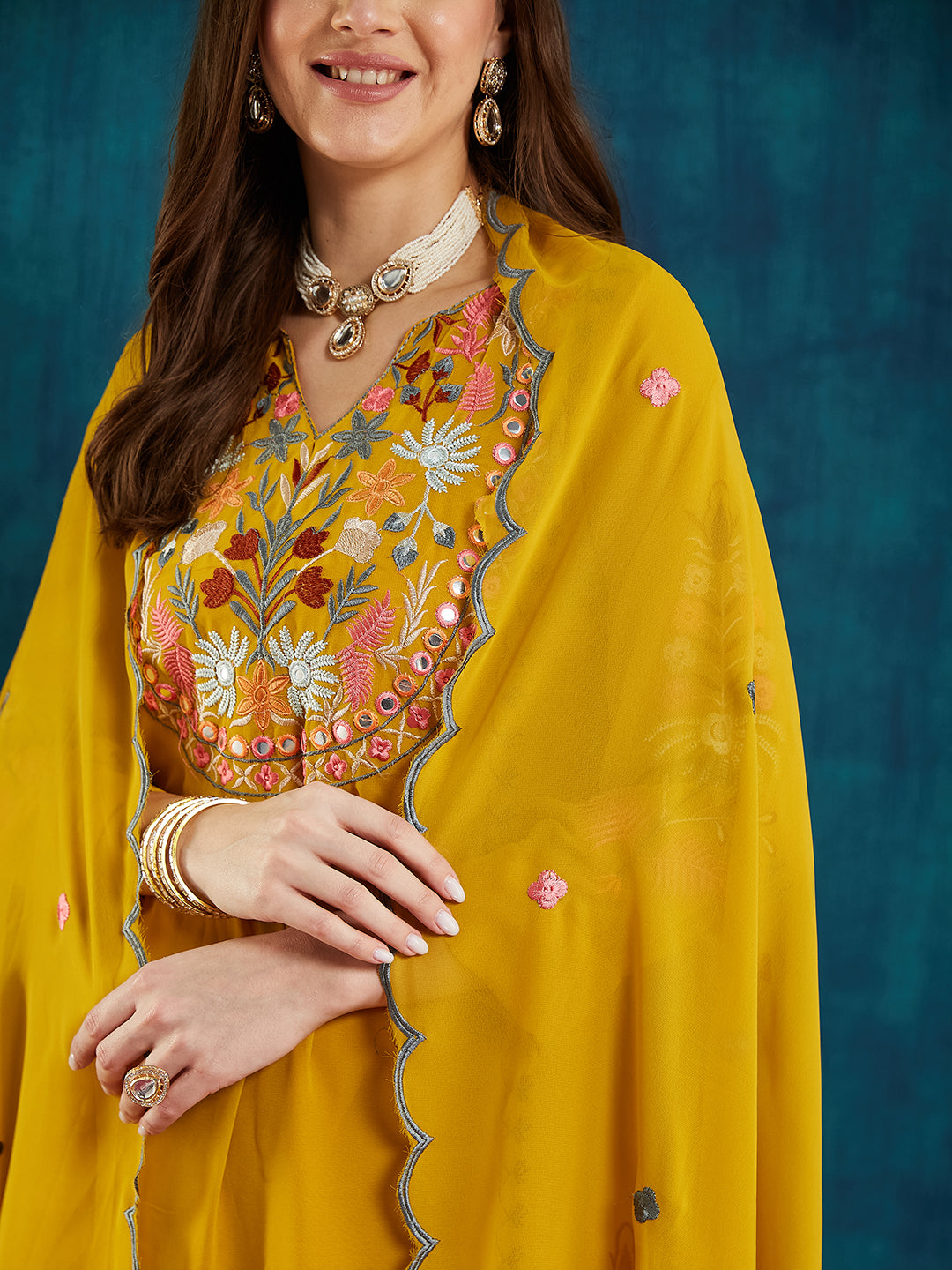 Dhiyona RV Women's Faux Georgette Fabric Thread Embroidery Kurta set With Dupatta