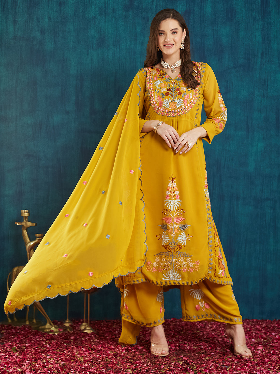 Dhiyona RV Women's Faux Georgette Fabric Thread Embroidery Kurta set With Dupatta