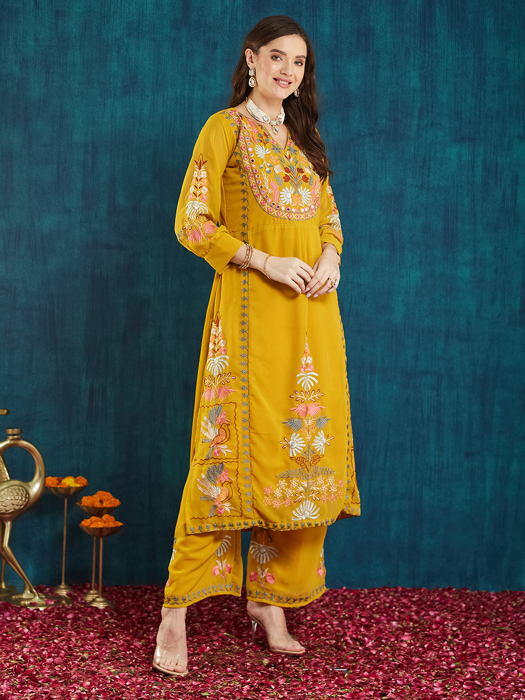Dhiyona RV Women's Faux Georgette Fabric Thread Embroidery Kurta set With Dupatta