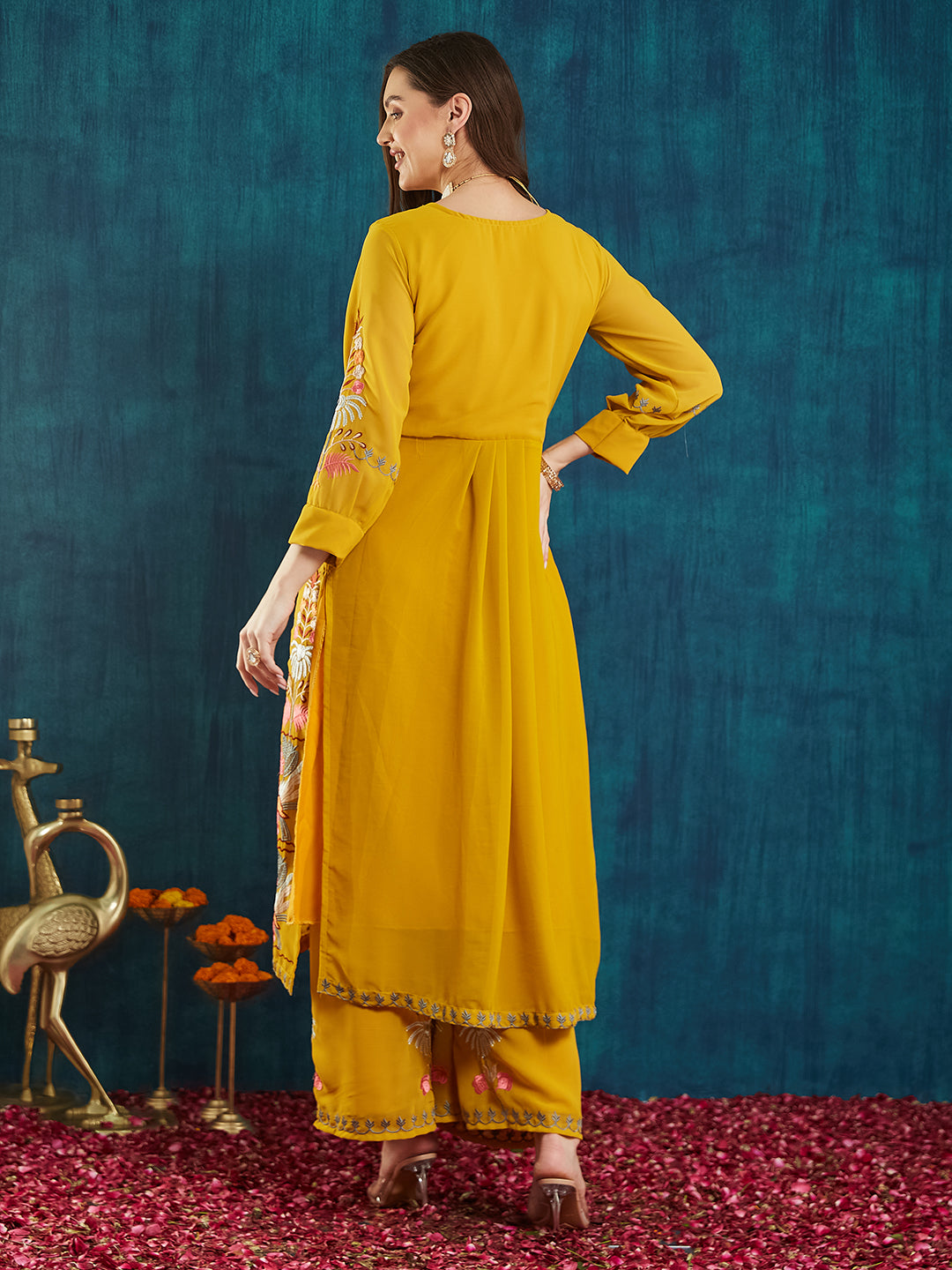 Dhiyona RV Women's Faux Georgette Fabric Thread Embroidery Kurta set With Dupatta