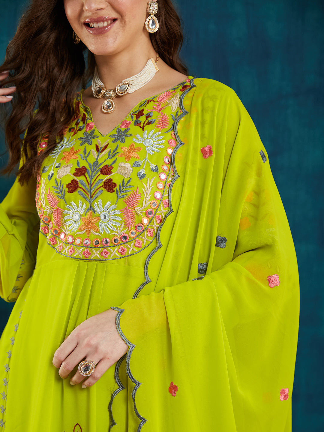 Dhiyona RV Women's Faux Georgette Fabric Thread Embroidery Kurta set With Dupatta