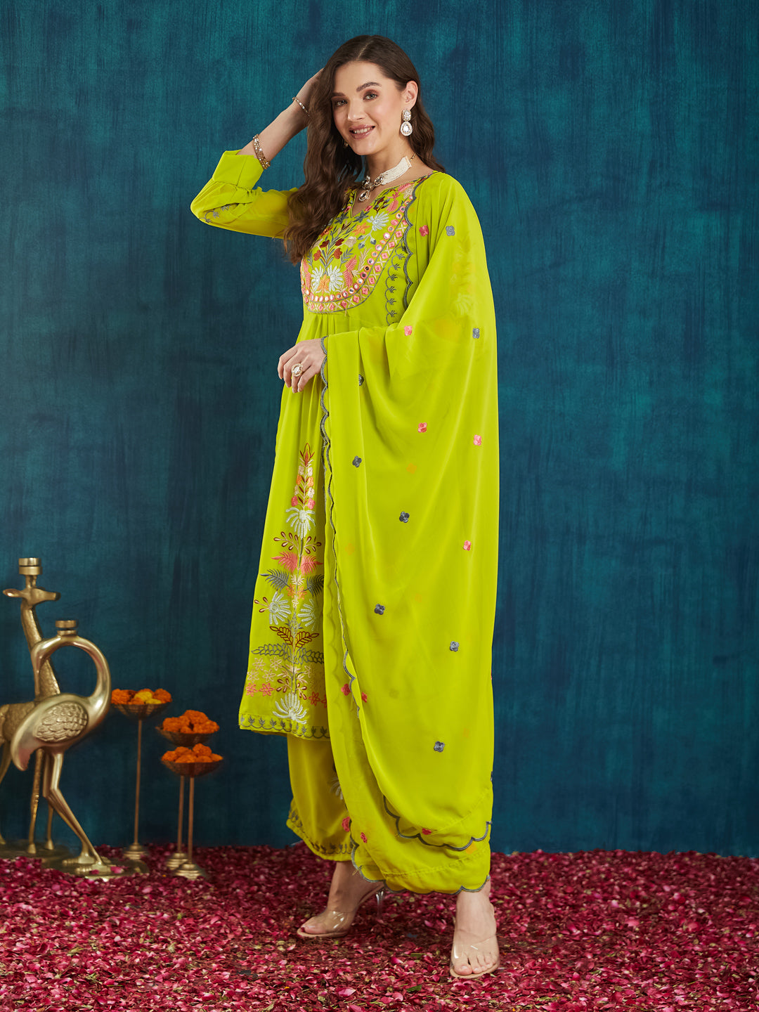 Dhiyona RV Women's Faux Georgette Fabric Thread Embroidery Kurta set With Dupatta