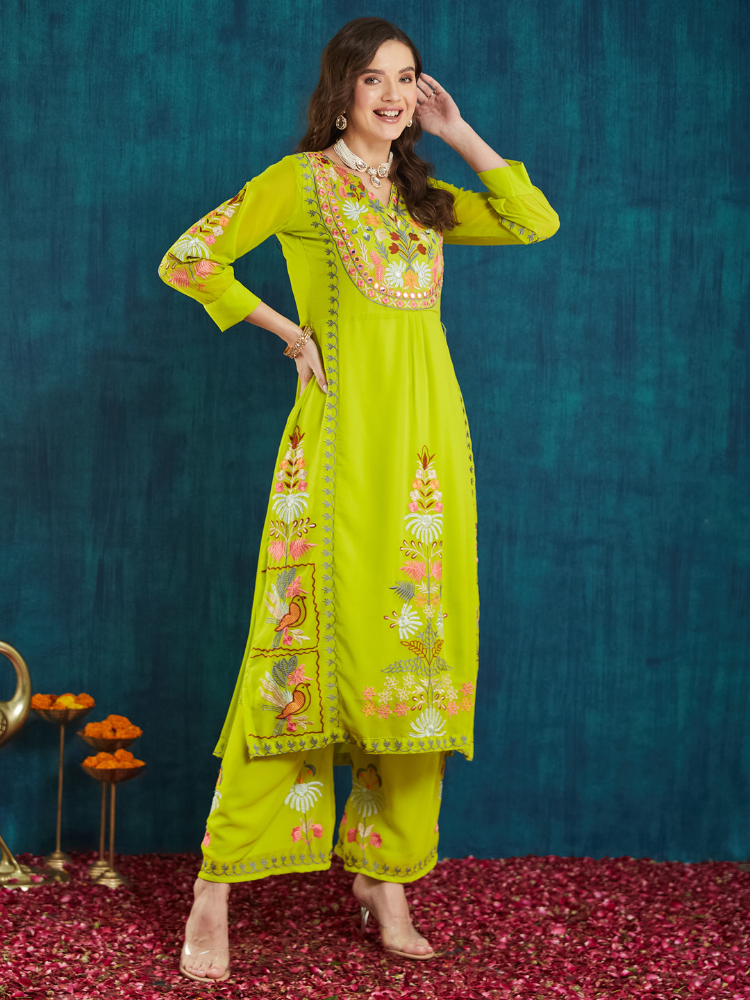 Dhiyona RV Women's Faux Georgette Fabric Thread Embroidery Kurta set With Dupatta