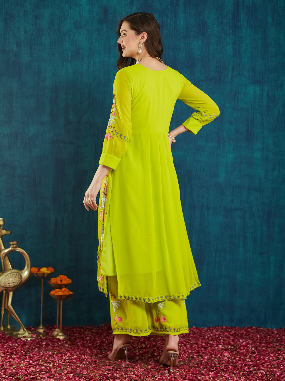 Dhiyona RV Women's Faux Georgette Fabric Thread Embroidery Kurta set With Dupatta