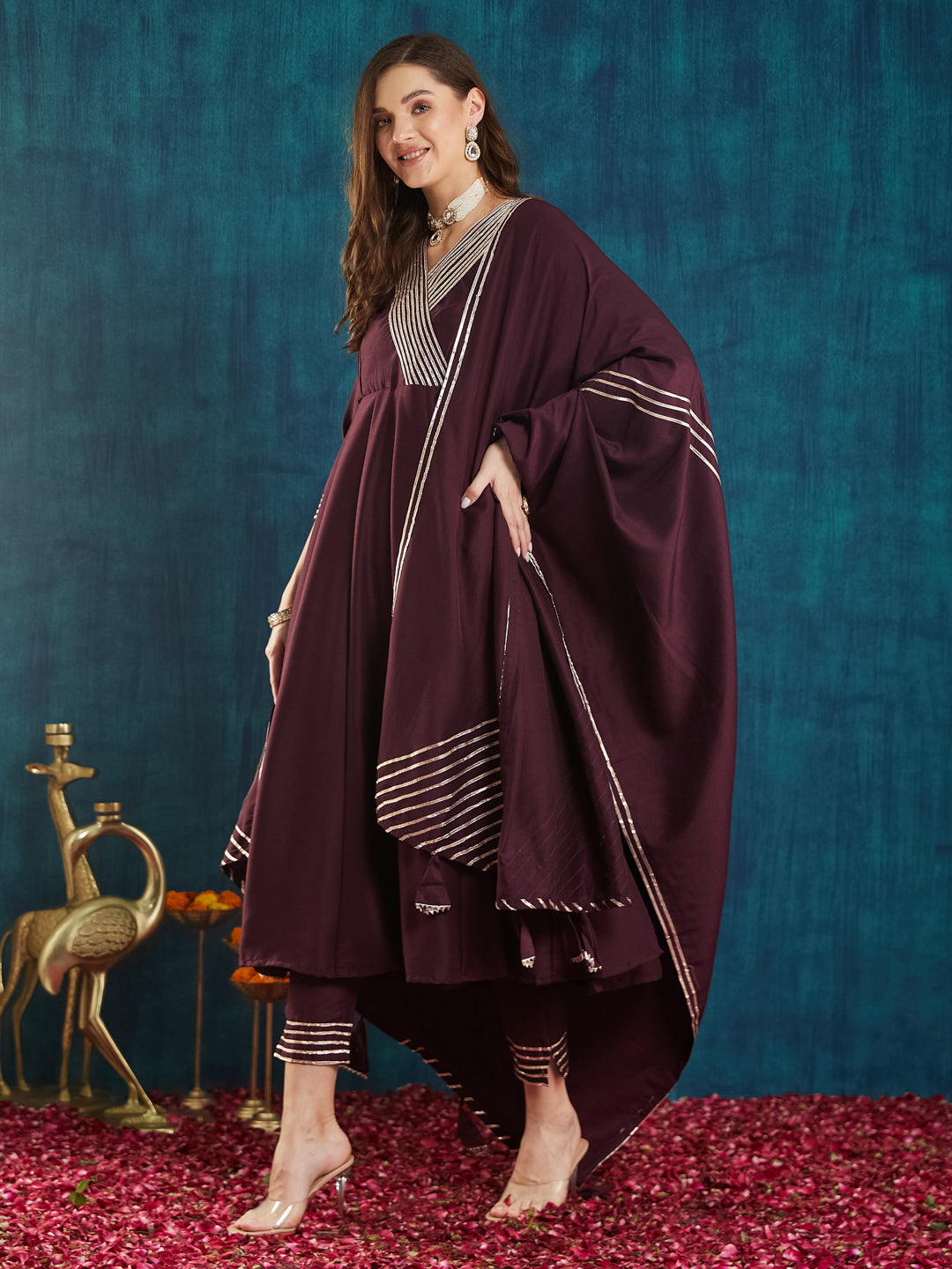 Dhiyona RV Women's Exclusive Roman Silk Fabric Solid Print Anarkali Kurtaset With Dupatta.