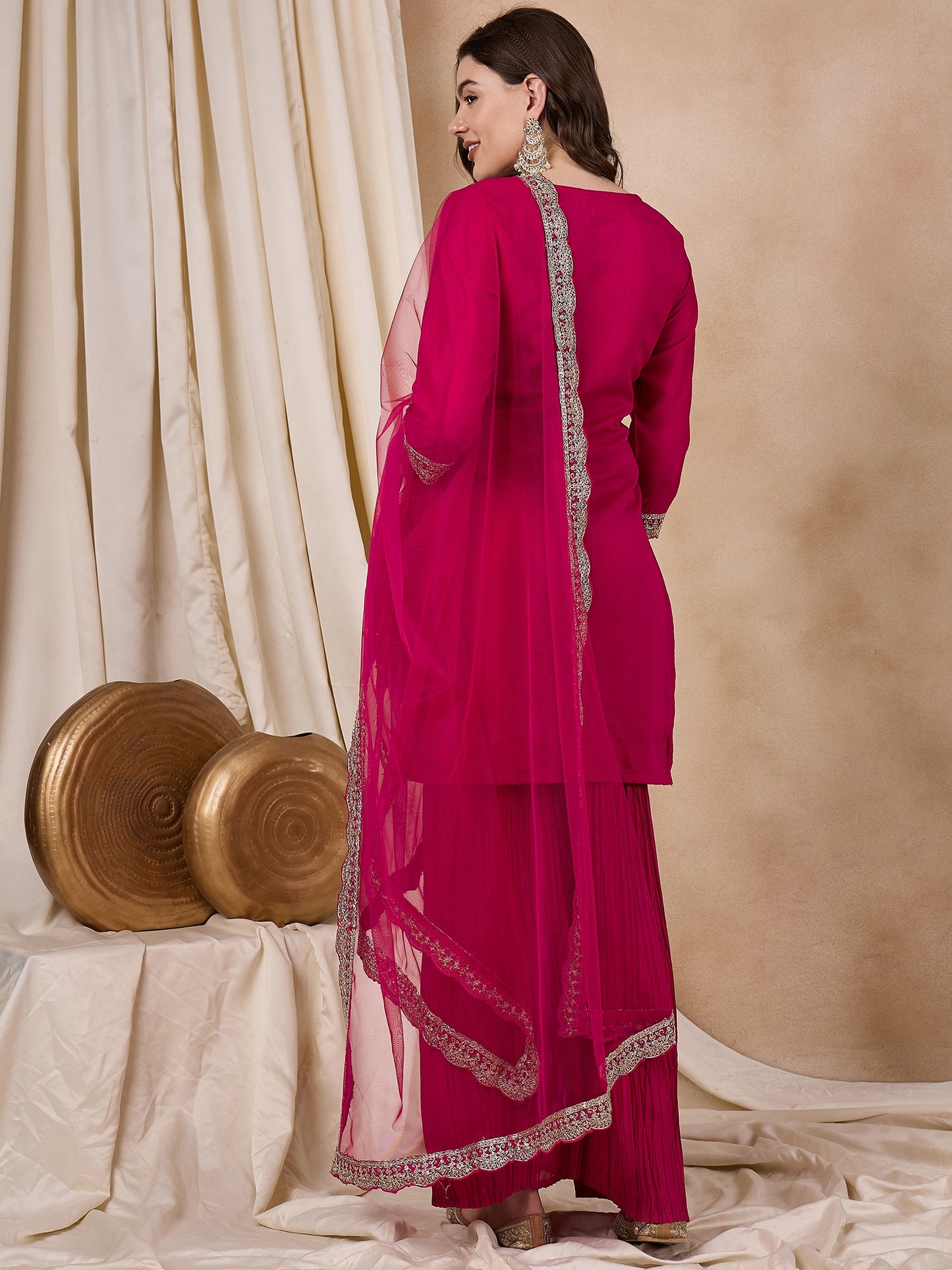 Dhiyona RV Women's Vichitra Silk Fabric Coding Sequence Embroidery Kurtaset With Dupatta.