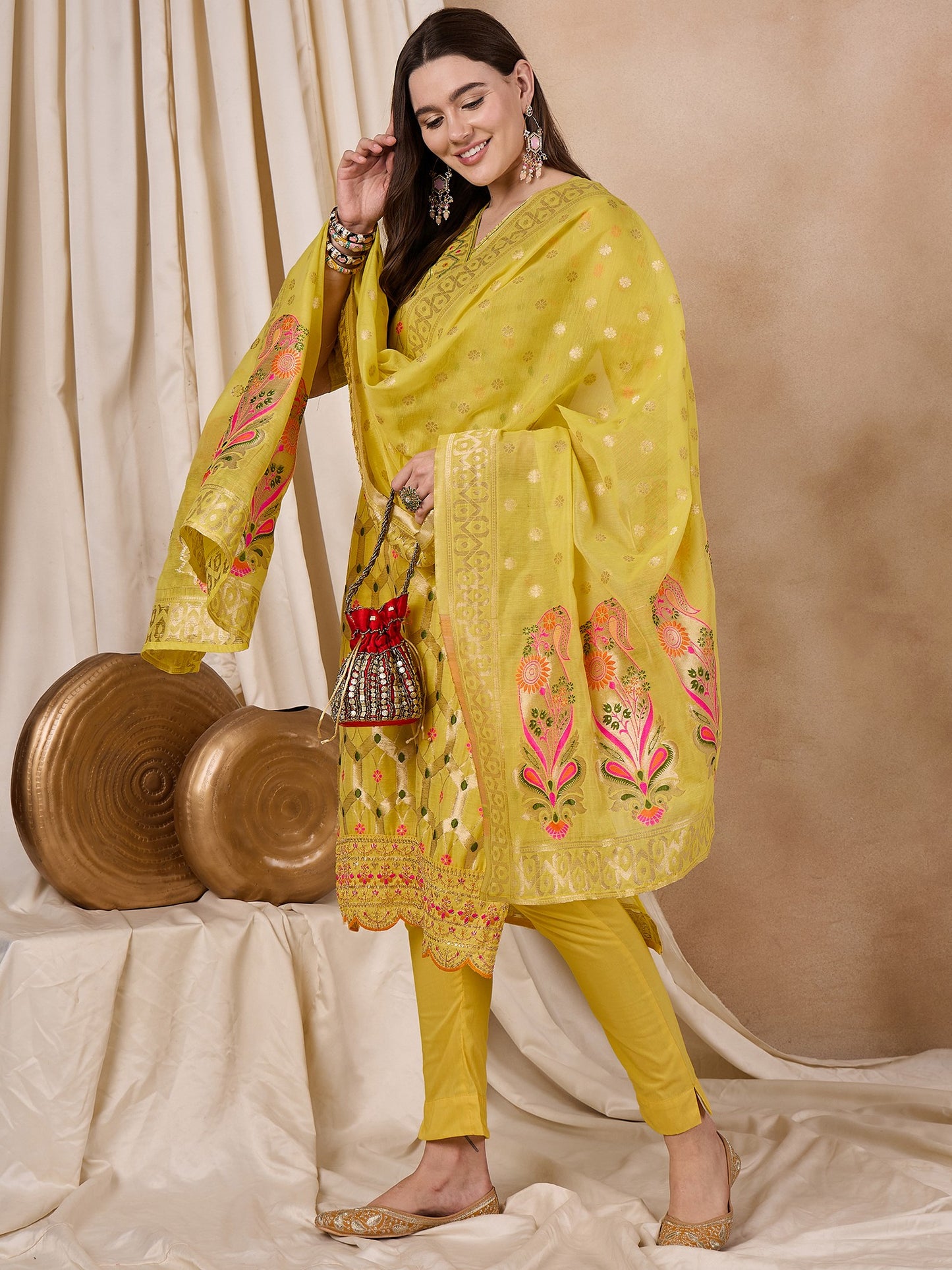 Dhiyona RV Women's Cotton Chanderi Fabric Jacquard Print Kurta Set With Dupatta
