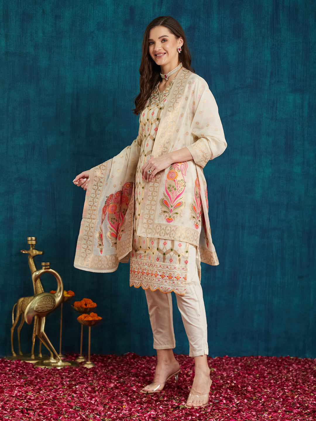 Dhiyona RV Women's Cotton Chanderi Fabric Jacquard Print Kurta Set With Dupatta
