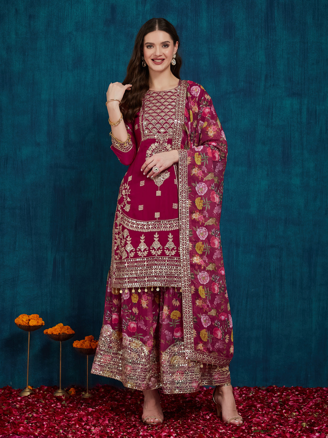 Dhiyona RV Women's Faux Georgette Fabric Zari Sequence embroidery Work Kurtaset With Dupatta