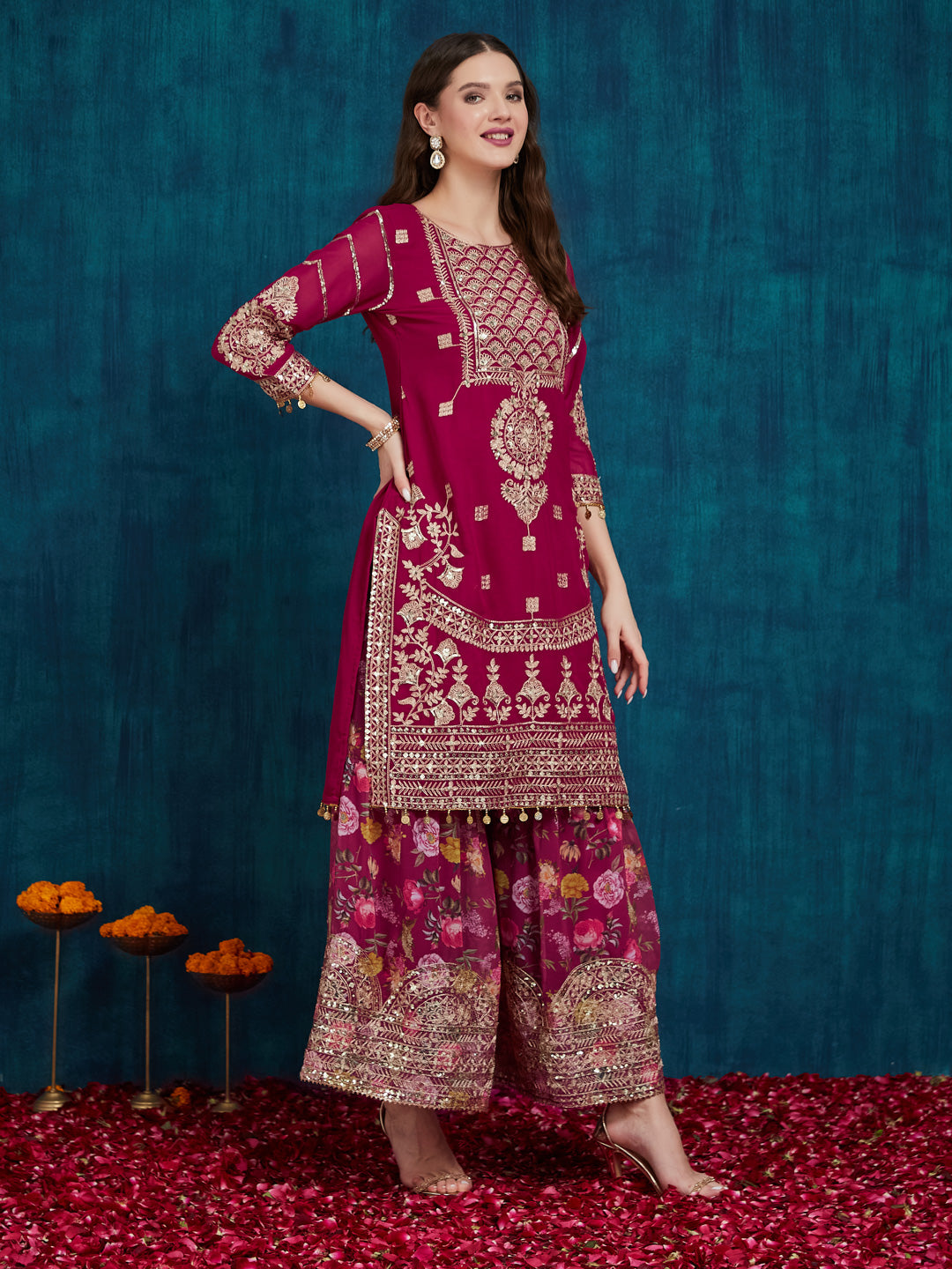 Dhiyona RV Women's Faux Georgette Fabric Zari Sequence embroidery Work Kurtaset With Dupatta