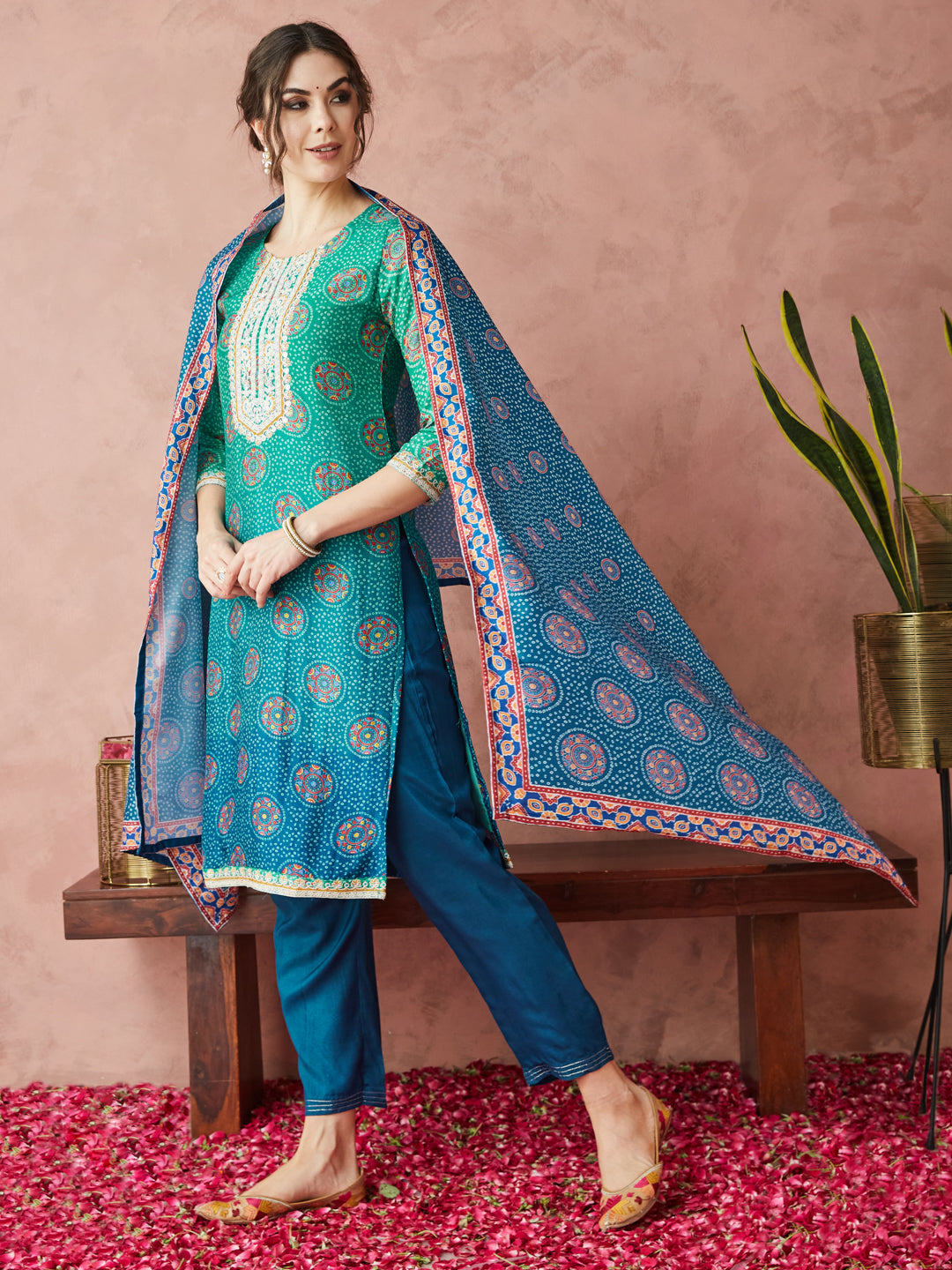Dhiyona RV Women's Exclusive Pure Silk Fabric Bandhej Print Straight Kurtaset With Dupatta.
