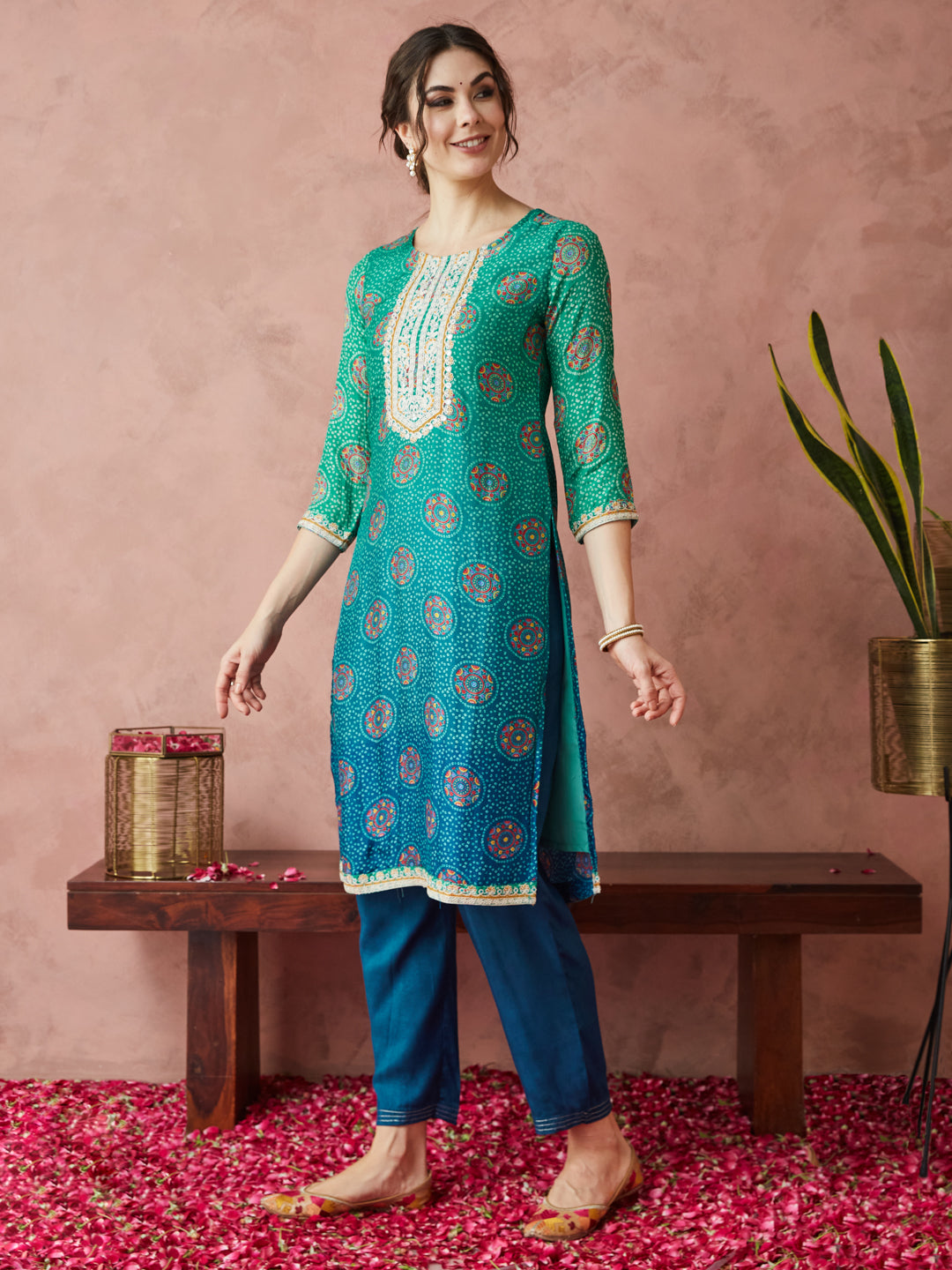 Dhiyona RV Women's Exclusive Pure Silk Fabric Bandhej Print Straight Kurtaset With Dupatta.