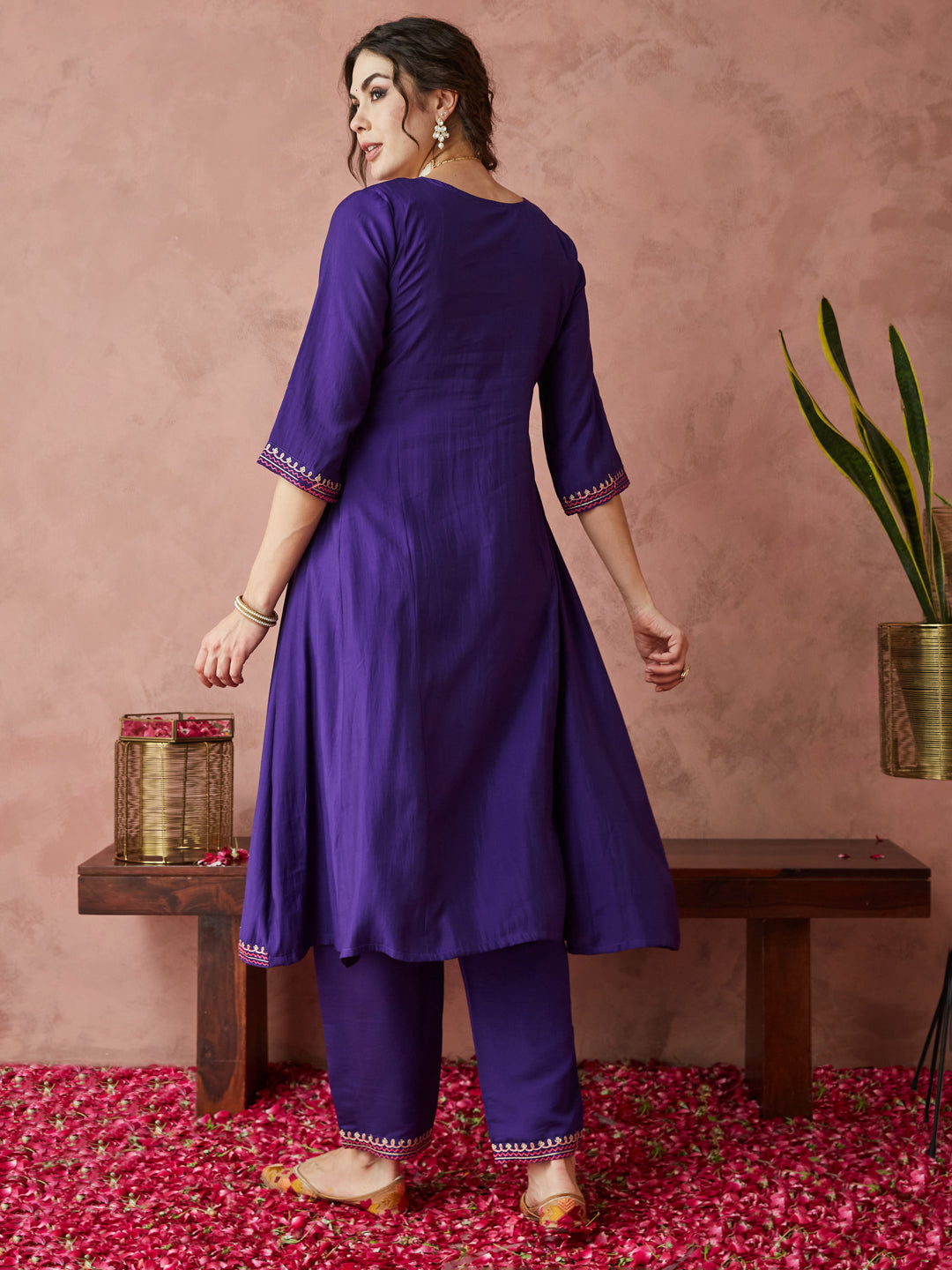 Dhiyona RV Women's Exclusive Roman Silk Fabric Hand Work Neckline Solid Print Anarkali Kurtaset With Dupatta.