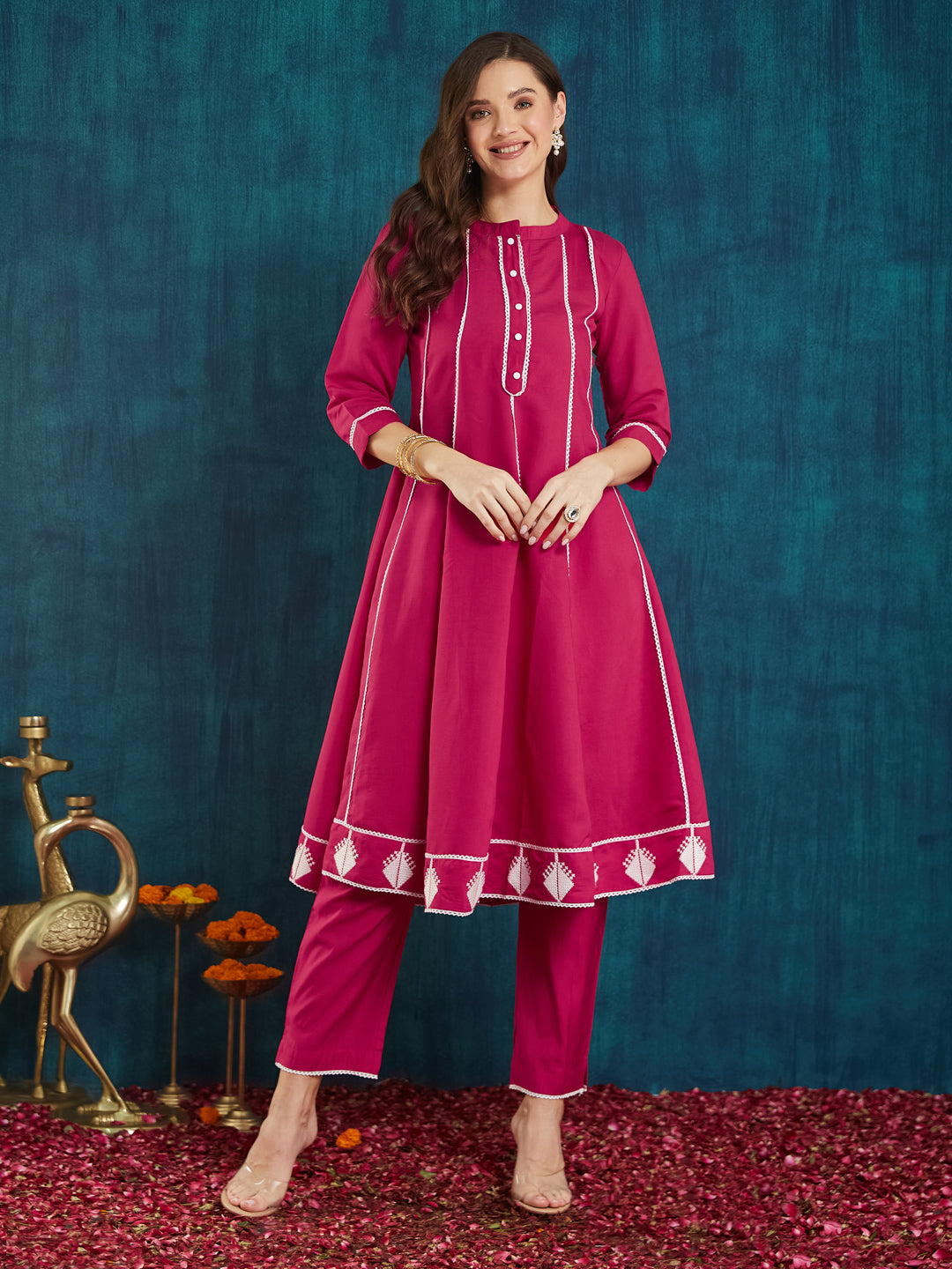 Dhiyona RV Women's Roman Silk Cross-Stitch Embroidered Flared Kurti with Pants