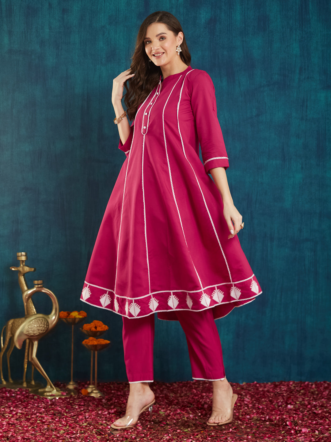 Dhiyona RV Women's Roman Silk Cross-Stitch Embroidered Flared Kurti with Pants