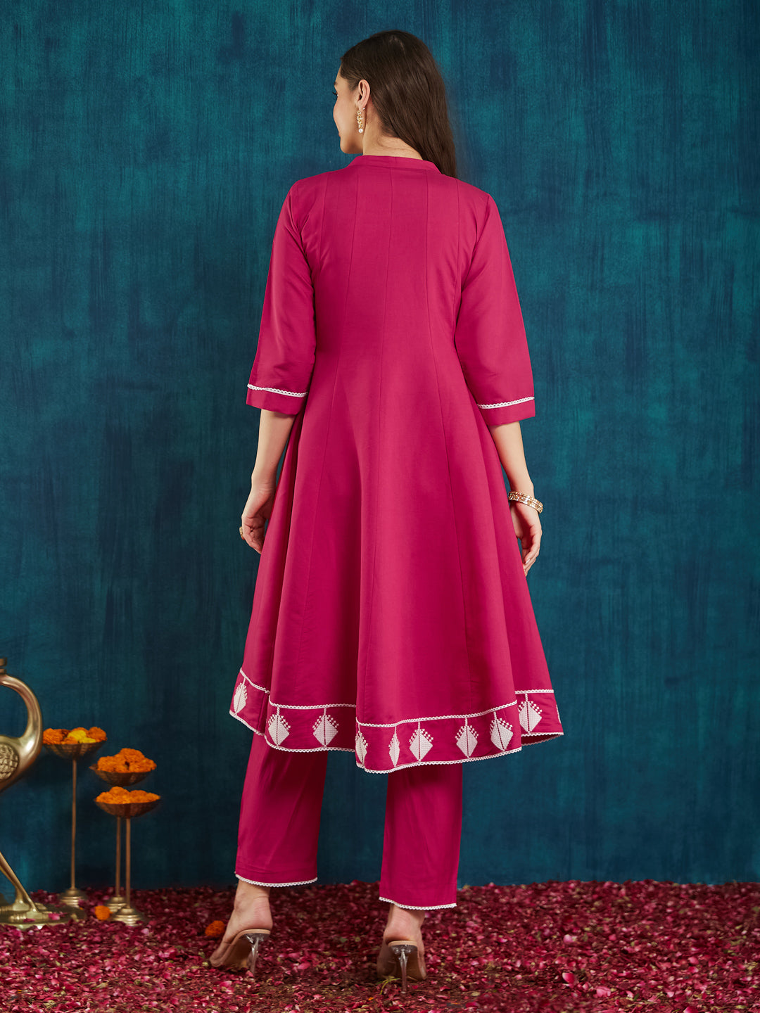 Dhiyona RV Women's Roman Silk Cross-Stitch Embroidered Flared Kurti with Pants