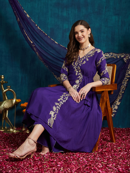 Dhiyona RV Women's Elegant Angrakha Style Anarkali Kurti Set with Embroidered Dupatta