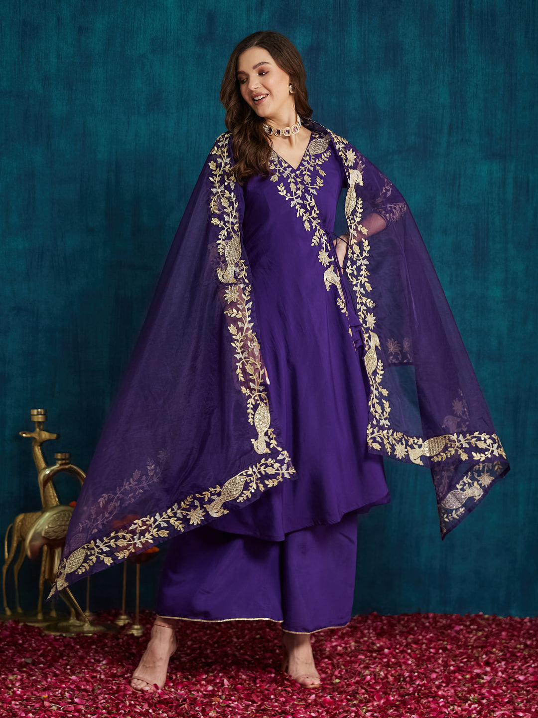 Dhiyona RV Women's Elegant Angrakha Style Anarkali Kurti Set with Embroidered Dupatta