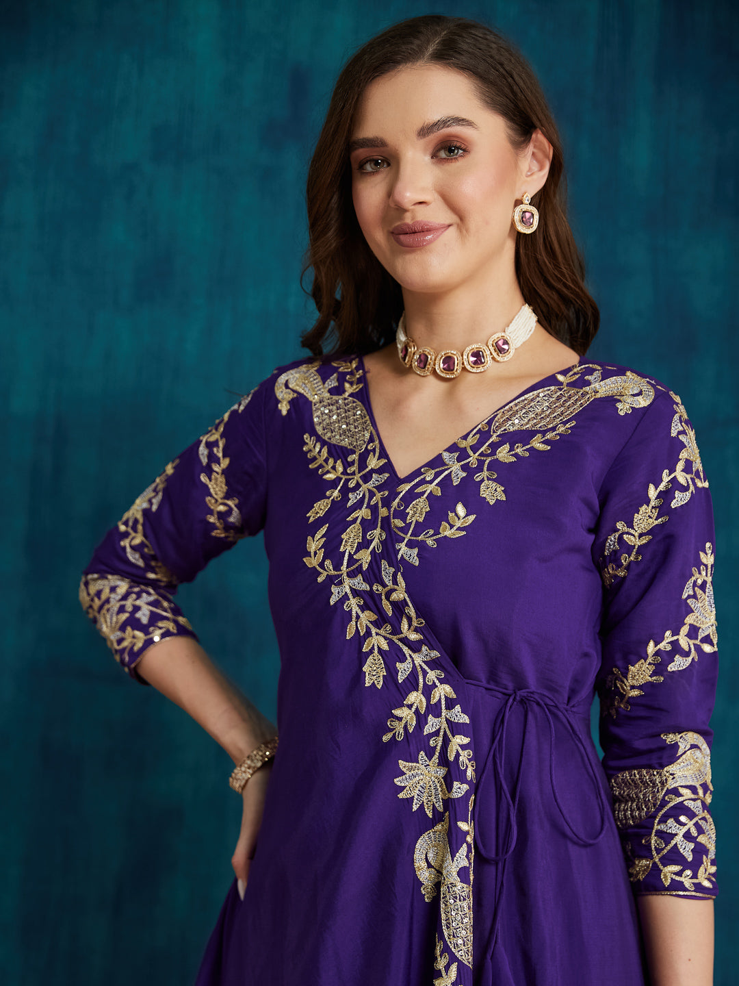 Dhiyona RV Women's Elegant Angrakha Style Anarkali Kurti Set with Embroidered Dupatta