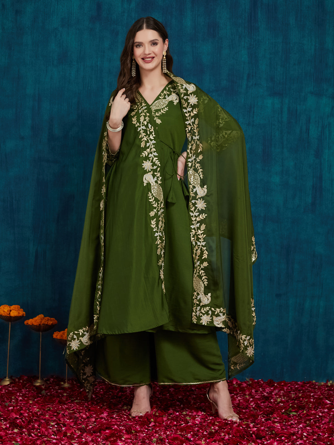 Dhiyona RV Women's Elegant Angrakha Style Anarkali Kurti Set with Embroidered Dupatta