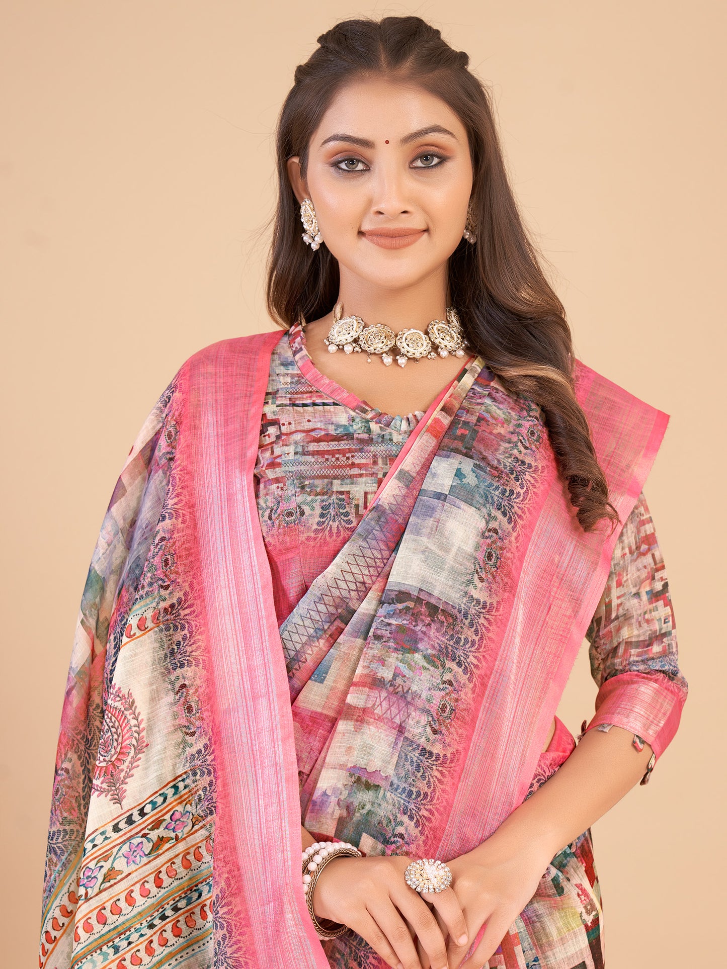 Women's Linen Blend Pink Printed Designer Saree With Blouse Piece