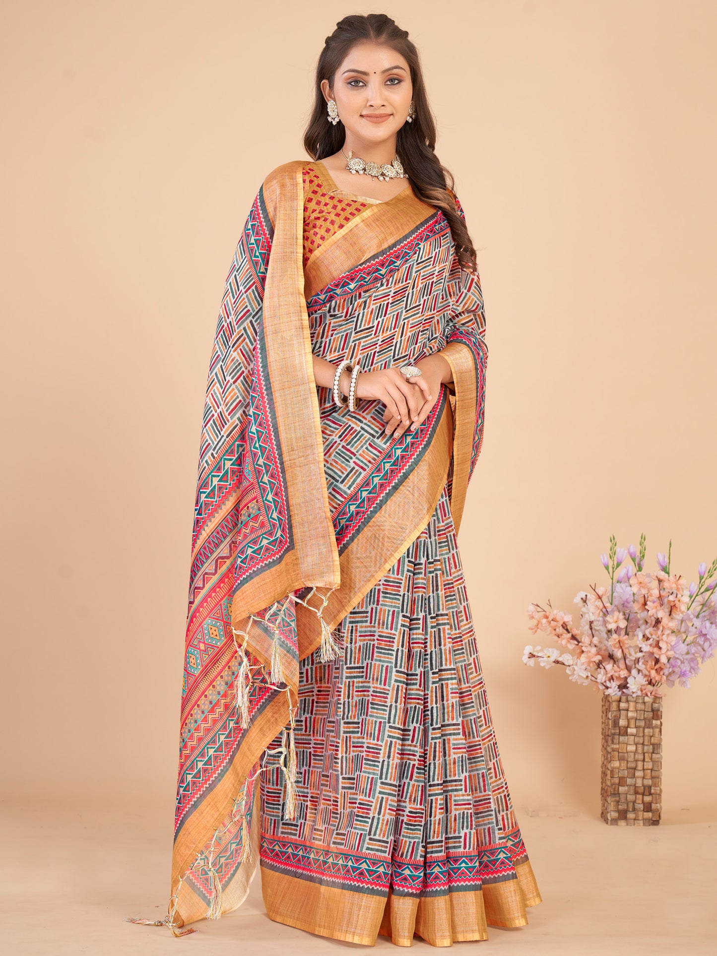 Women's Linen Blend Multicolored Printed Designer Saree With Blouse Piece