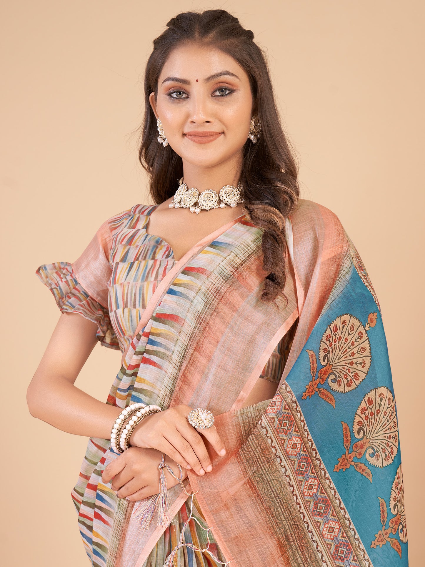 Women's Linen Blend Multicolored Printed Designer Saree With Blouse Piece
