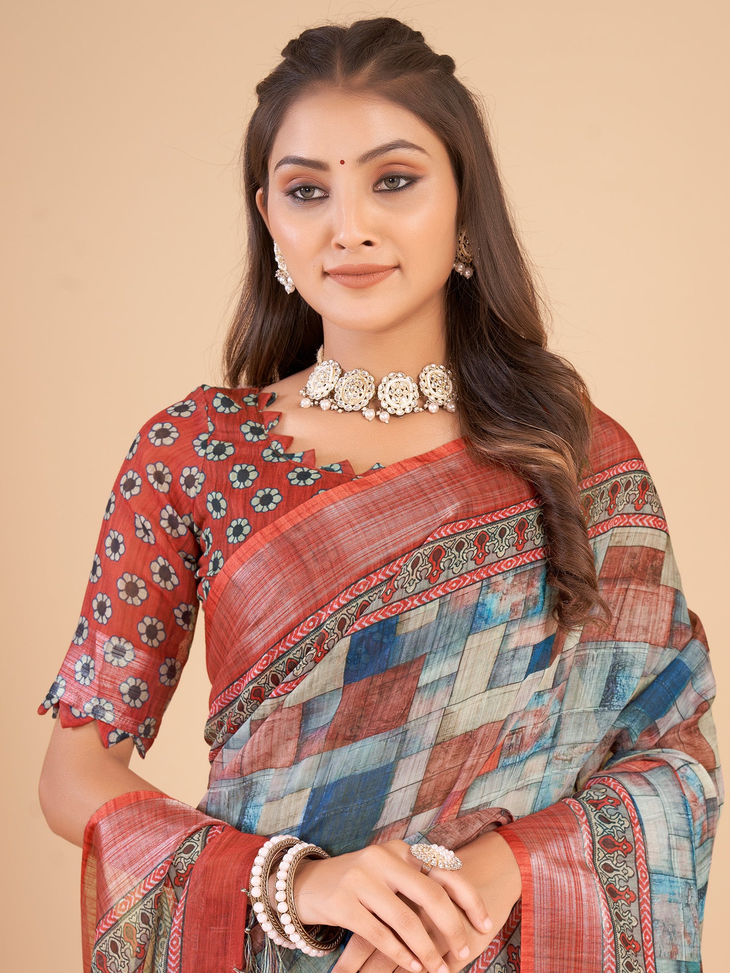 Women's Linen Blend Multicolored Printed Designer Saree With Blouse Piece