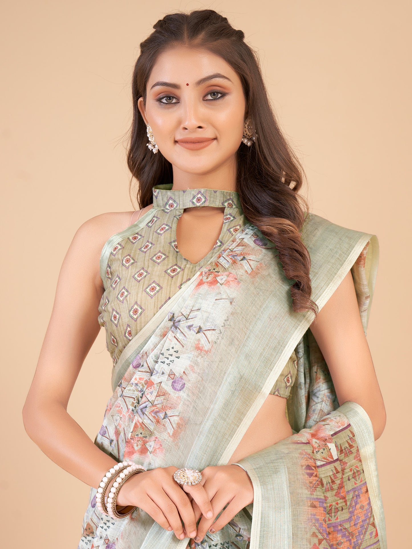 Women's Linen Blend Light Green Printed Designer Saree With Blouse Piece