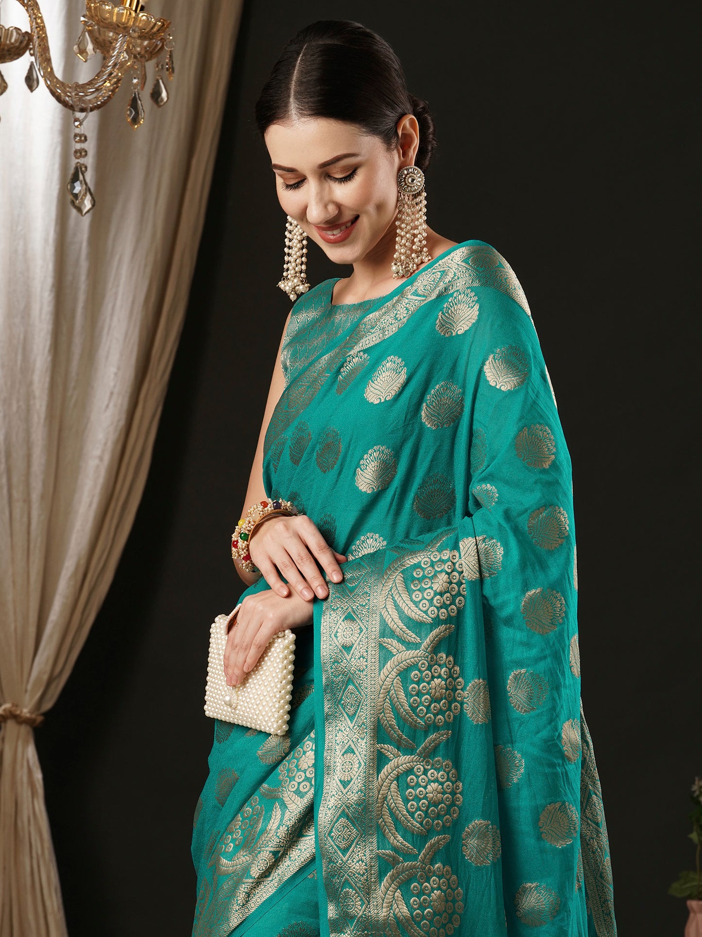 Women's Georgette Light Blue Woven Design Designer Saree With Blouse Piece