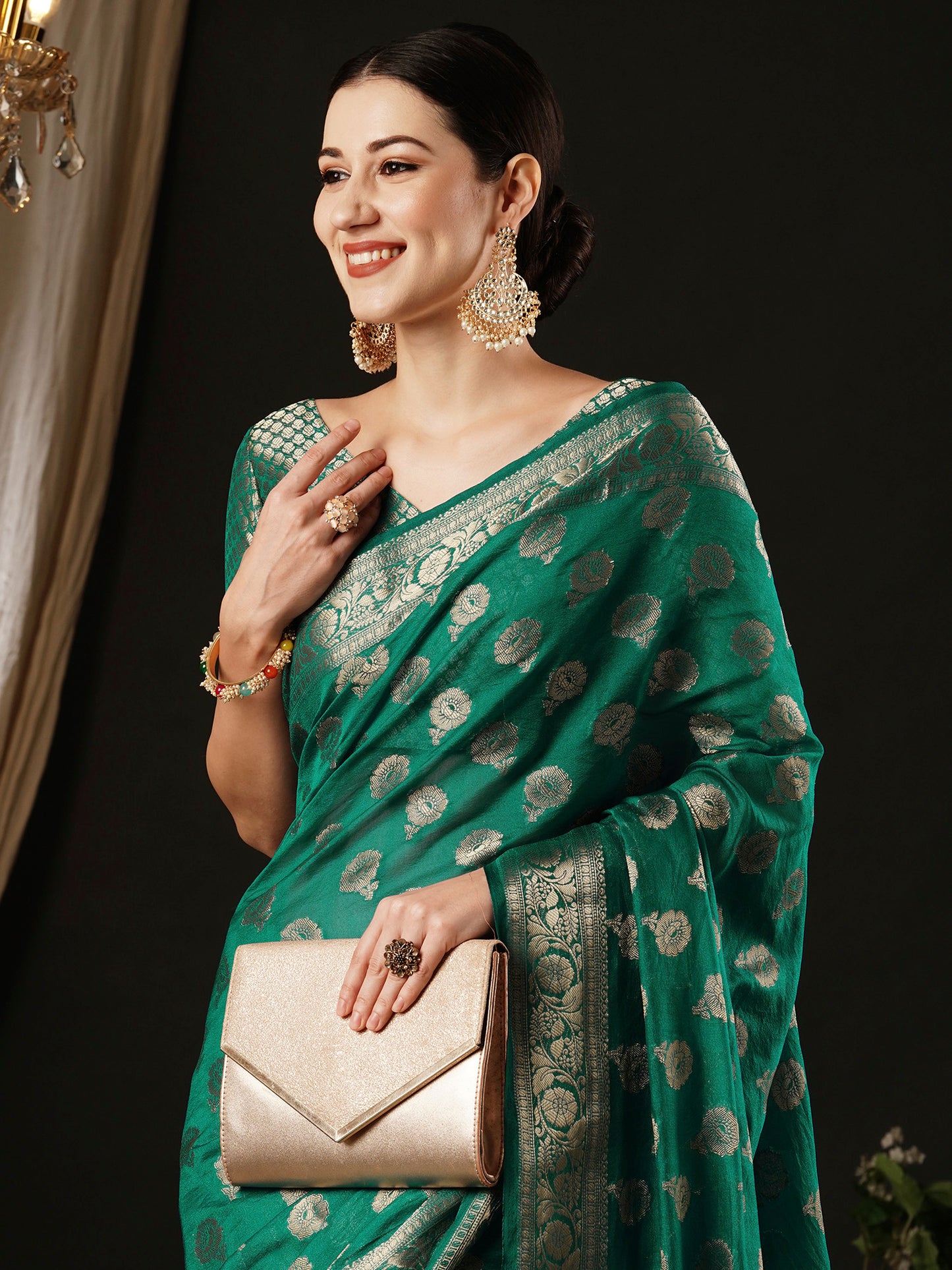 Women's Georgette Turquoise Woven Design Designer Saree With Blouse Piece