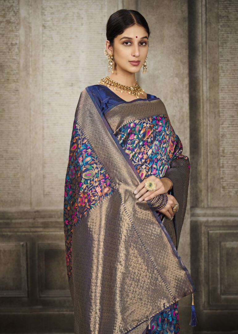 Dhiyona GR Women's Aroma Peacock Blue Woven Banarasi Art Silk Saree