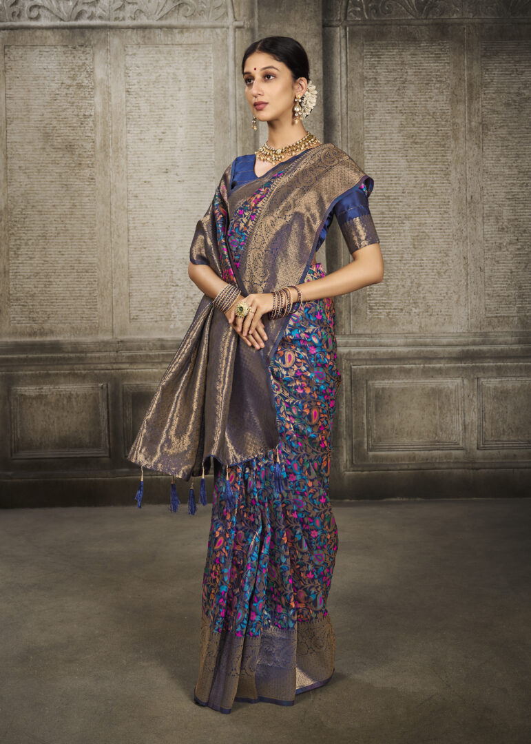 Dhiyona GR Women's Aroma Peacock Blue Woven Banarasi Art Silk Saree