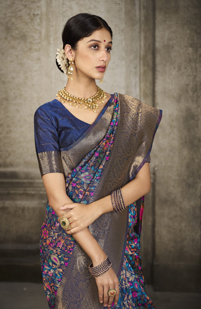 Dhiyona GR Women's Aroma Peacock Blue Woven Banarasi Art Silk Saree
